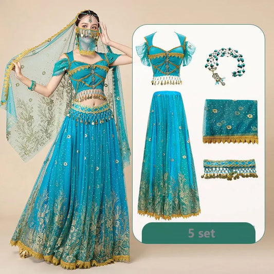 Women Festival Halloween Cosplay Belly Dance Top Dress Adult Indian Arab Jasmine Sari Fantasy Rave Bollywood Outfit Costume Suit