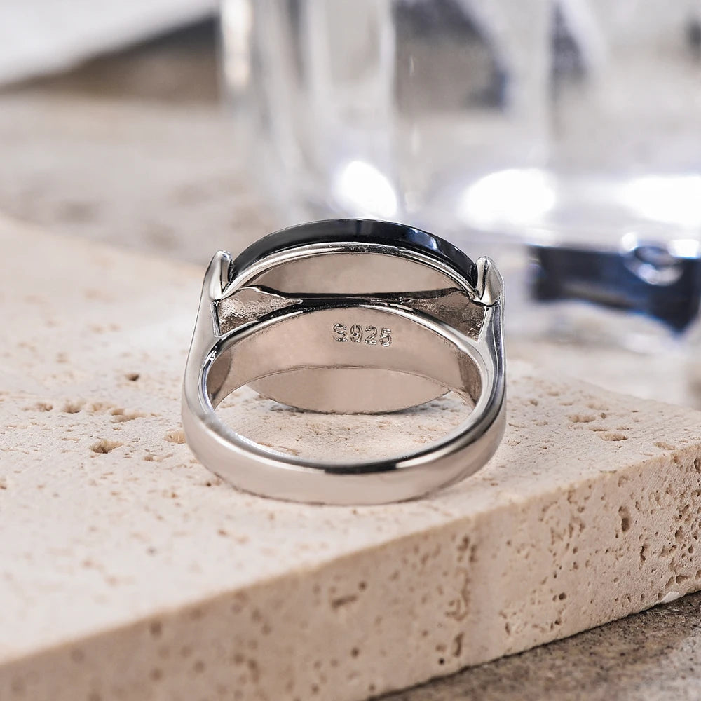 S925 Sterling Silver Natural Black Onyx Rings Oval Shape Turquoise Stone Not Fading Black Rings Fine Jewelry For Men