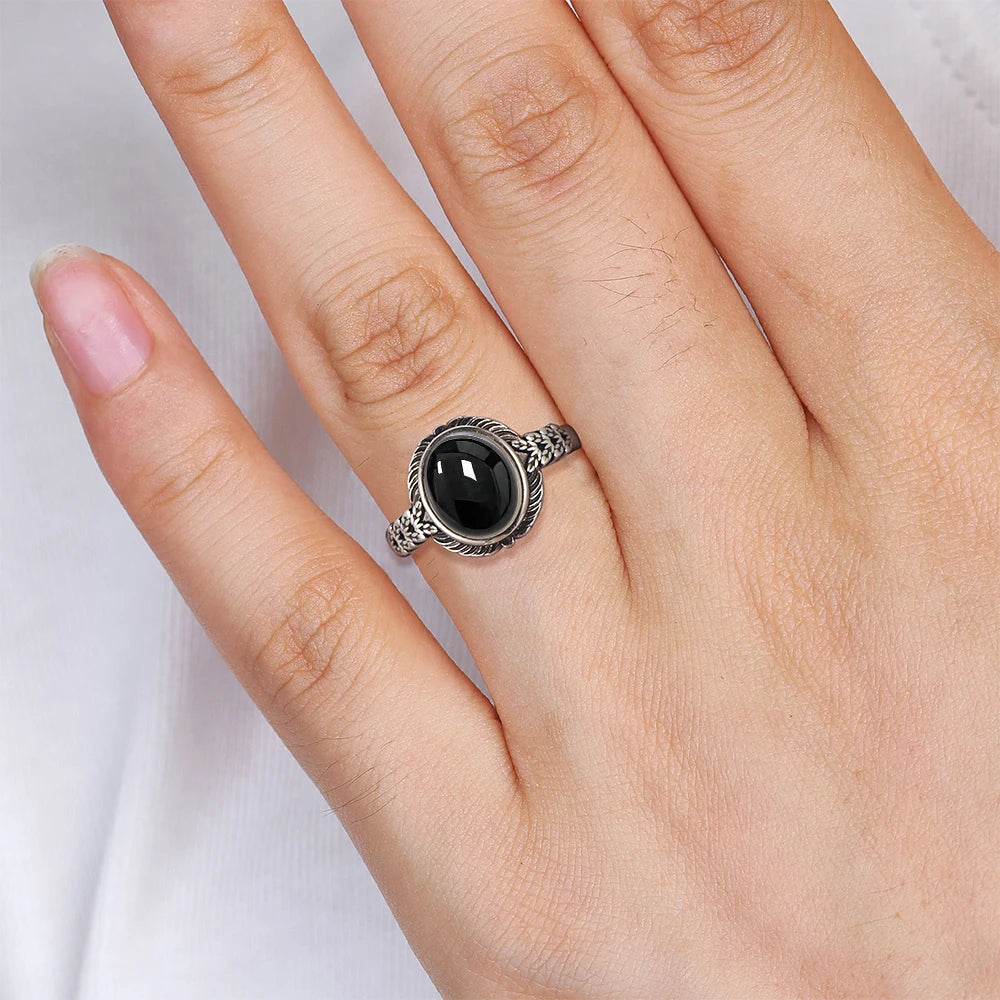 Vintage S925 Sterling Silver Natural Blakc Onyx Ring Oval 8*10MM Simple Black Twists Ring Party Gifts Fine Jewelry For Women Men