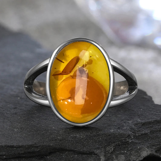 S925 Sterling Silver Ring With Natural Amber Stone Flower Shape Oval Petal Amber Stone Gifts Fine Jewelry For Women