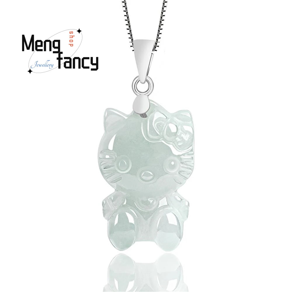 S925 Silver Natural Myanmar A-goods Jadeite Cute Cat Female Pendant Exquisite Elegant Mascot Best Selling Fashion Luxury Jewelry