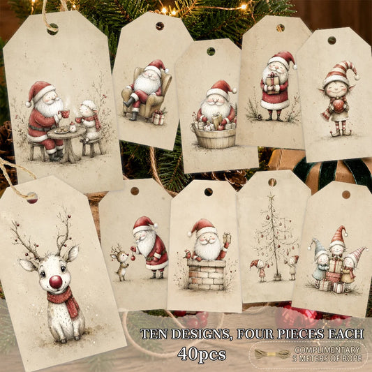 40pcs Cute Santa Claus Decorative Tags, Christmas Gift Labels, Party Decoration, Handmade Packaging Accents, Jute Rope