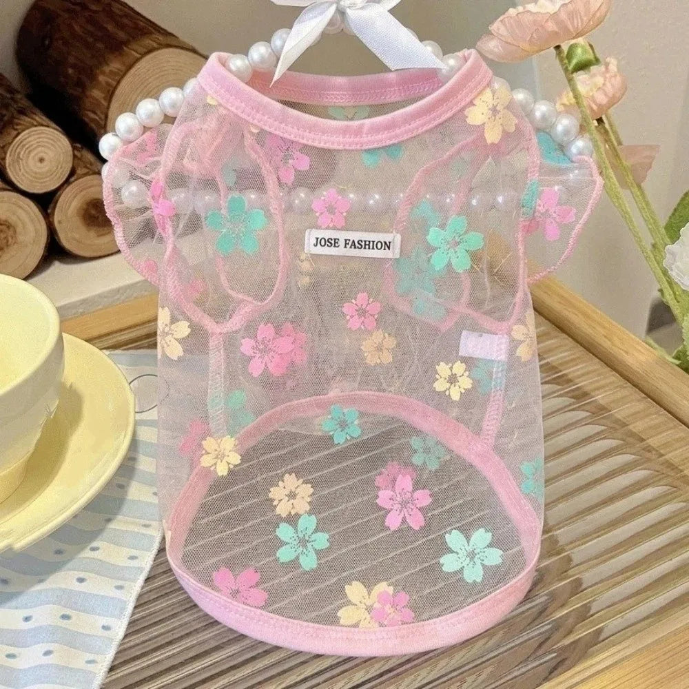 Thin Breathable Cooling Dog Vest Flying Sleeves Sunproof Cat Mesh T Shirt Lightweight Floral Print Dog Sunscreen Clothing Summer
