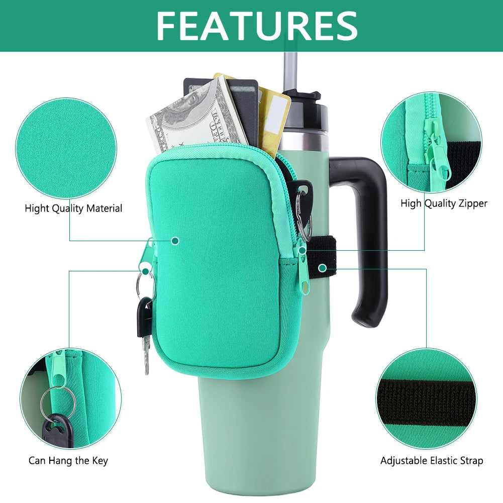 Water Bottle Pouch for For Stanley Cup 40oz/20oz/30oz Water Bottle Caddy Neoprene Tumbler Bag for Cards Keys Wallet Earphone