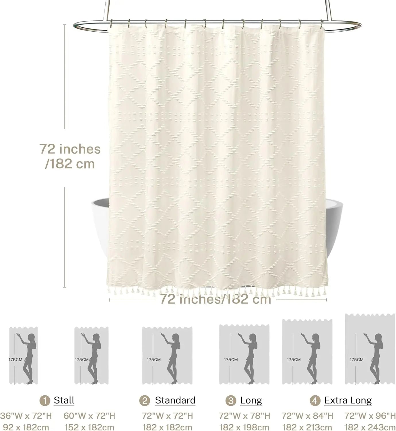 Soft Diamond-Patterned Shower Curtain - Waterproof  Fabric with Boho Tassels,12 Plastic Hooks Included for Modern Bathroom