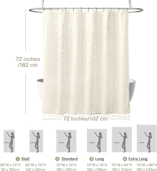 Soft Diamond-Patterned Shower Curtain - Waterproof  Fabric with Boho Tassels,12 Plastic Hooks Included for Modern Bathroom