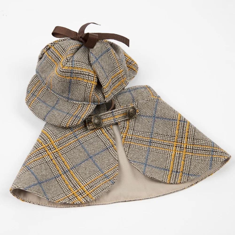 British Style Knit Plaid Pet Cloak Cape Set ,Detective Costume for Dog Cat Warm Winter——Halloween Costume Outfit with Hat
