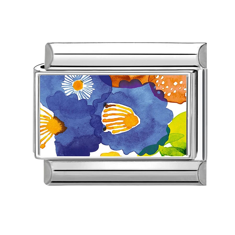 Wholesale Blue Series Beautiful Blue Flowers Italian Charms Fit 9mm Stainless Steel Women Fashion Bracelet DIY Jewelry Gifts