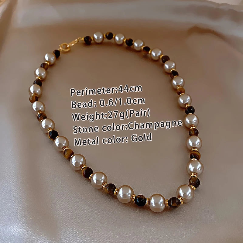 Maillard Natural Tiger's-eye Champagne Pearl Bead Necklace For 2024 Fashion Jewelry Women's Sexy Sweater Chain Neck Accessories