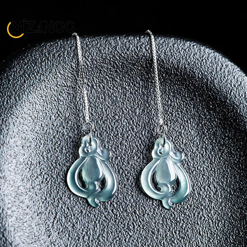 Original Natural Jadeite Blue Water Orchid Ear Line S925 Silver Ice Jade Personality Exquisite Fashion Women's Jewelry Gift