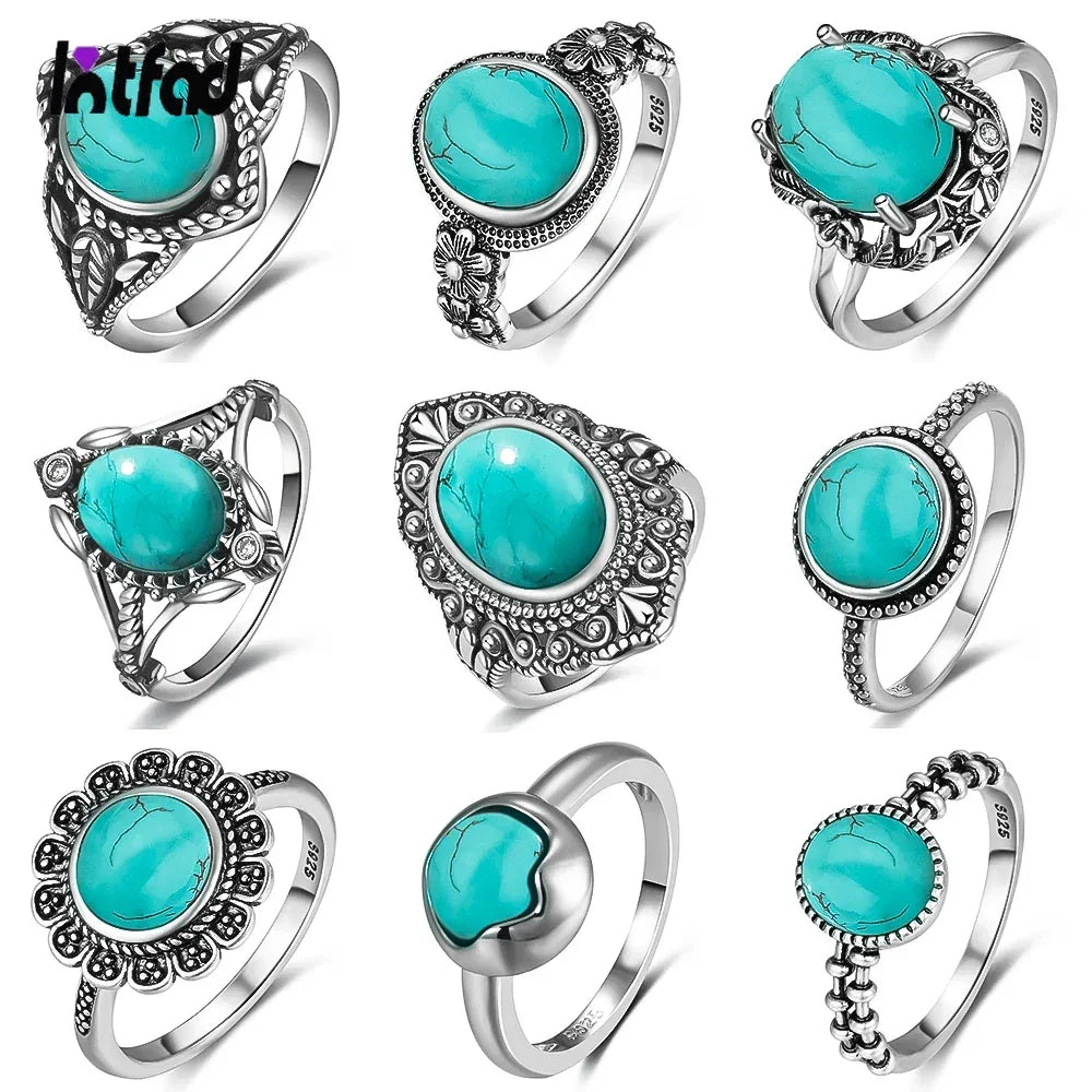 S925 Sterling Silver Ring Vintage Ring Gemstone Ring Silver Fine Jewelry Natural Turquoise Rings