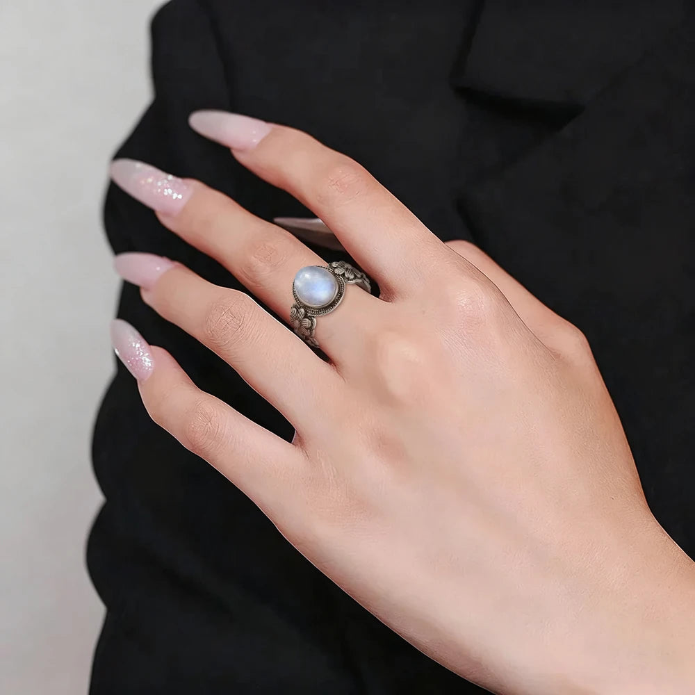 Vintage S925 Sterling Silver Rose Flower Ring With Oval 8*10mm Natural Moonstone Sweet Ring Fine Jewelry For Woman