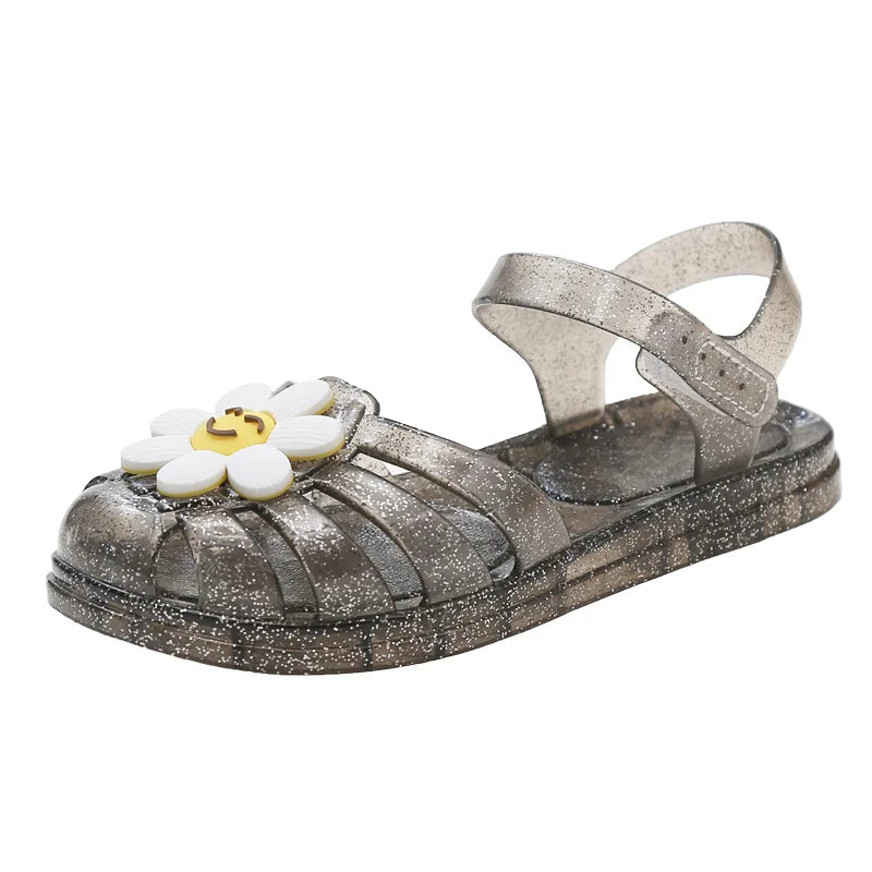 Children's Glitter Crystal Sandals Girls Flower Smiley Face Jelly Beach Sandals Toddler Garden Shoes Kids Non-slip Casual Shoes