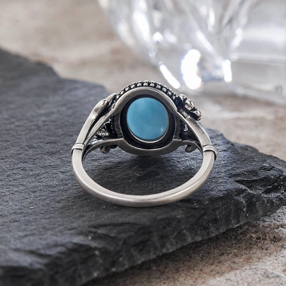 Vintage S925 Sterling Silver Natural 8*10mm Larimar Stone Ring Gift Flower leaf Shaped Moonstone Ring Fine Jewelry For Women