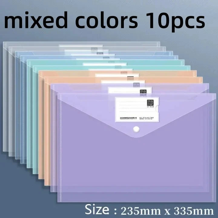 10pcs A4 Size Plastic Large Capacity Envelopes Document Folder with Snap Closure Office Stationery Supplies Archive Storage Bag