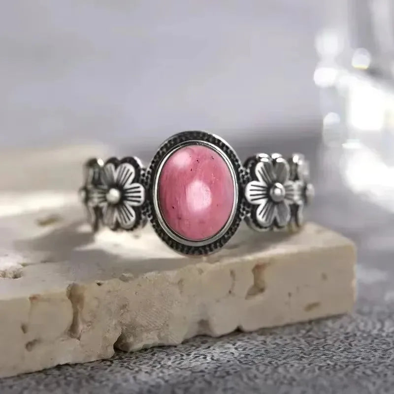 Vintage S925 Sterling Silver Rose Flower Ring With Oval 8*10mm Natural Moonstone Sweet Ring Fine Jewelry For Woman