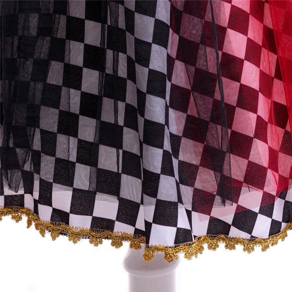 Girls Queen of Hearts Cosplay Dress Black White Checkered Skirt with Red Tulle Kids Halloween Costume Theme Party Outfit