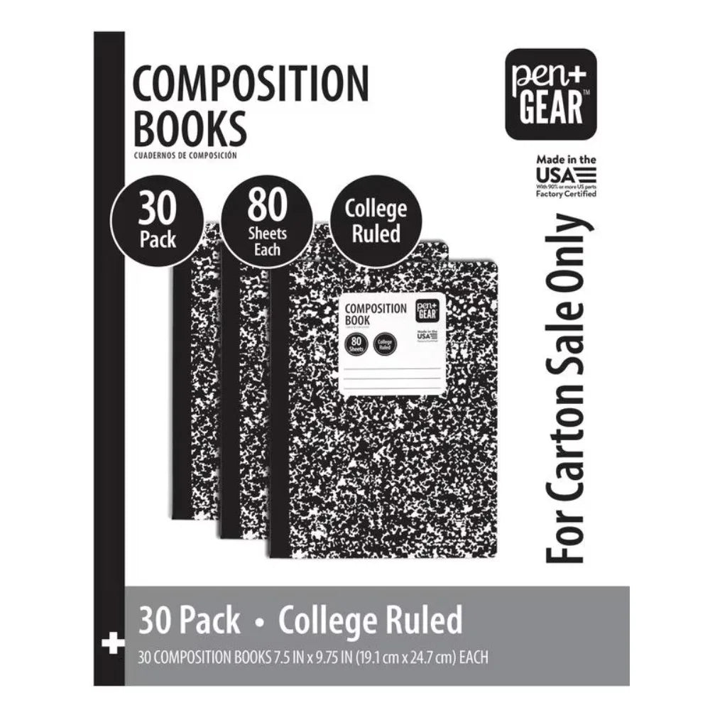 College Ruled Composition Notebook Bulk Pack, 100 Sheets per Book, 30 Notebooks, Black and White Marble Covers, Wide Ruled Paper, Spiral Bound, for School Office Writing Journaling