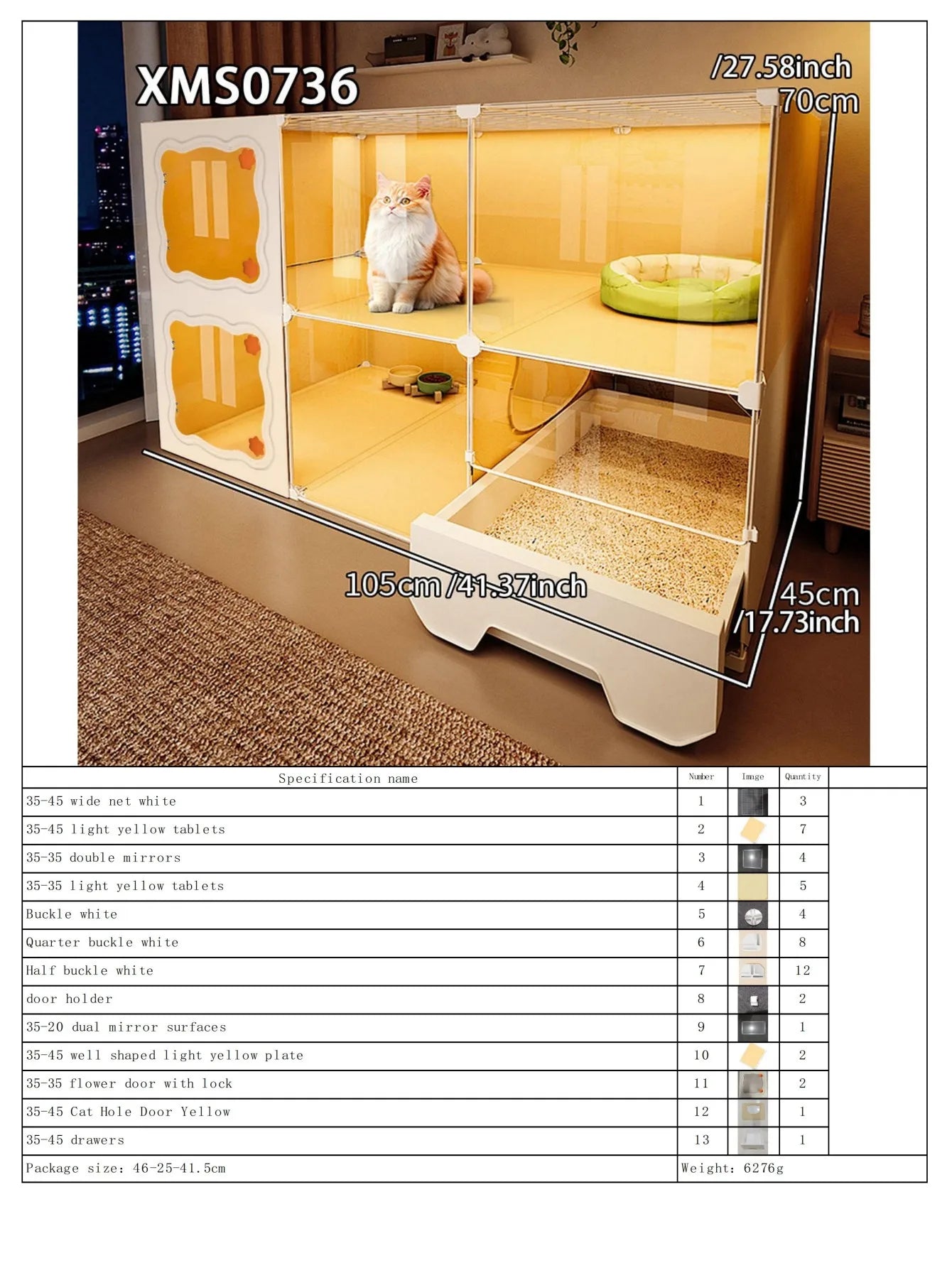 Cat Cage with Drawer-Type Litter Box, Indoor Kitten House with Toilet, Cat Cabinet with One Bedroom, One Living Room, and One Bathroom, Kitten Villa