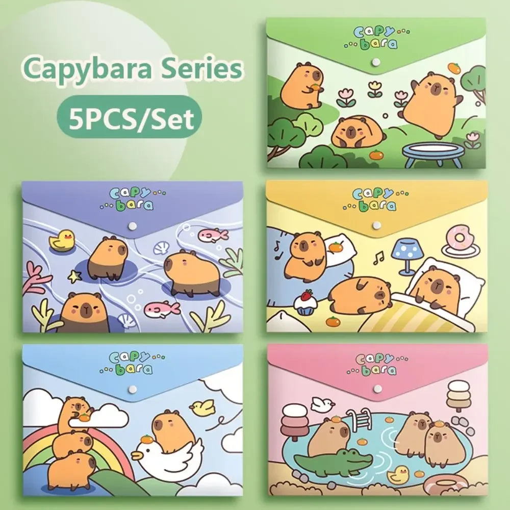5PCS/Set Capybara Snap-fastener A4 File Folder Waterproof Large Capacity File Bag PP Test Paper Storage Envelope Folder Student