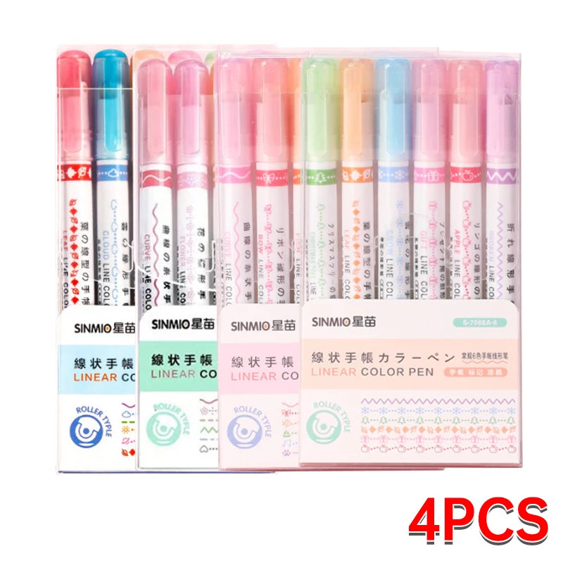6Pcs Set Flower Shape Outline Pens Highlighter Marker Curve Roller Tip Pen Cute Stationery Kawaii Graffiti School Accessories