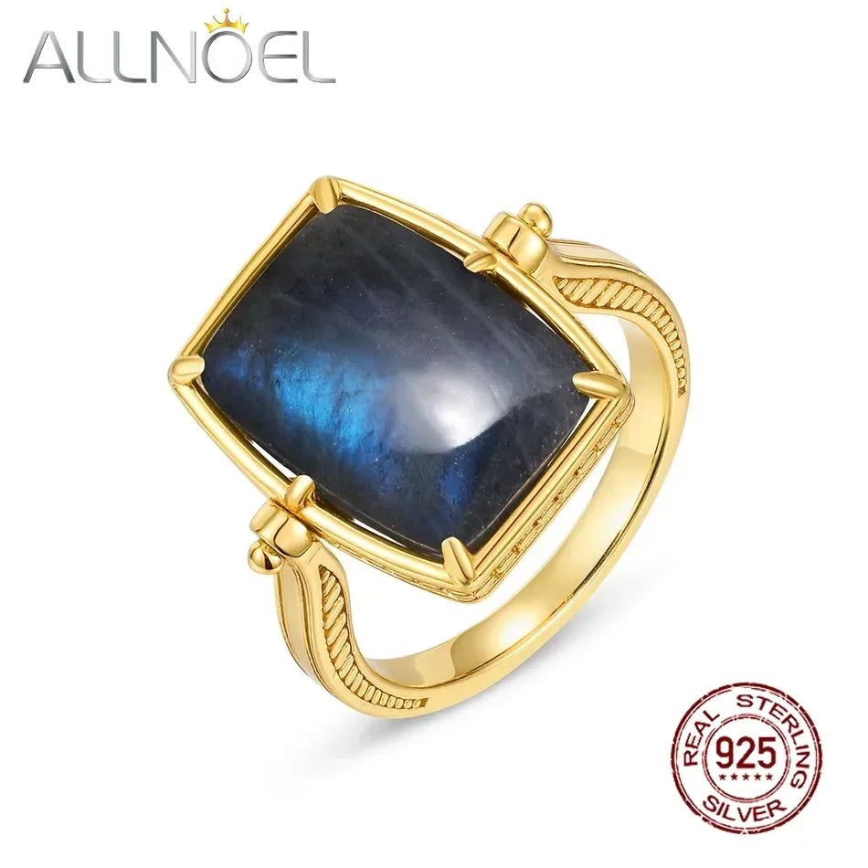 ALLNOEL 925 Sterling Silver Natural Labradorite Rings Yellow Gold Plated for Women Double Side Reversible Gemstone Jewelry Gift