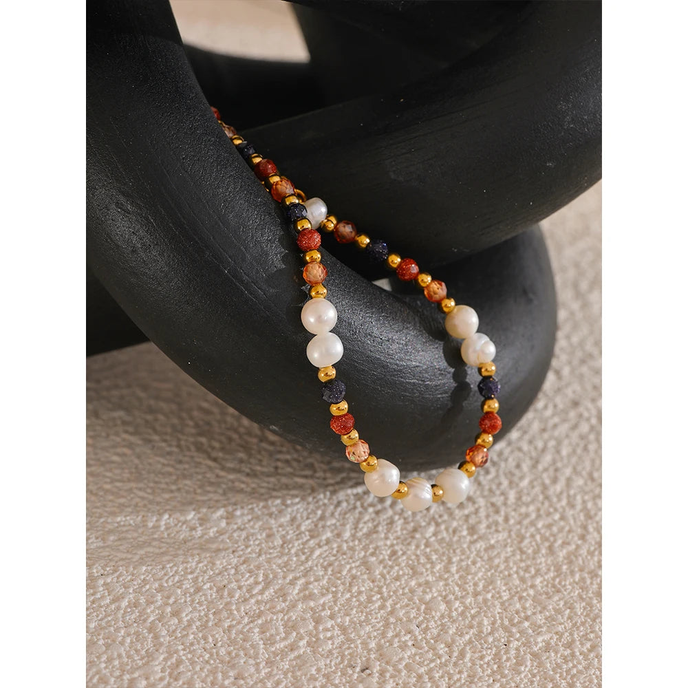 Yhpup Natural Stone Freshwater Pearl  Bead Chain Bling Bracelet Bangle Stainless Steel Handmade Fashion Waterproof Jewelry Women