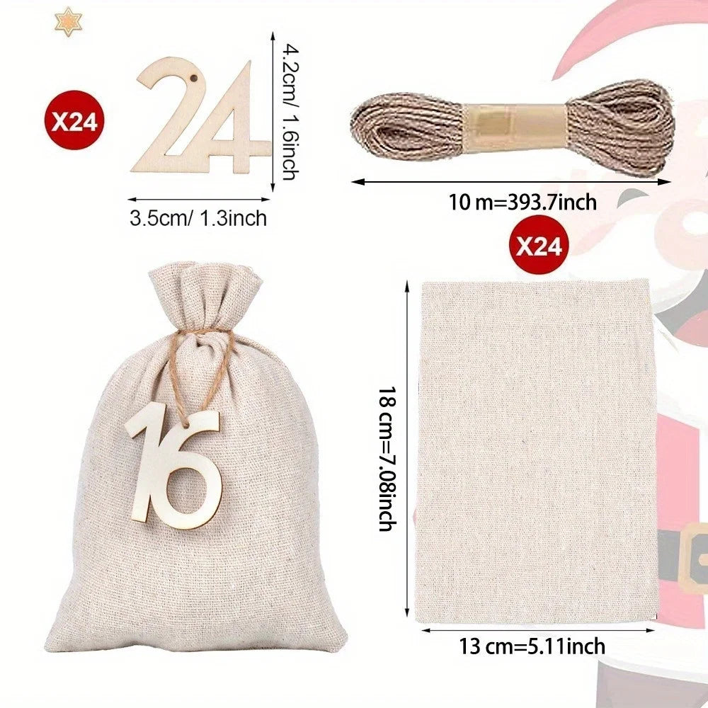24pcs Advent Calendar Burlap Drawstring Gift Bags With Wooden Number Tags Jute Rope Gold Star Pouches Countdown Treat Packaging