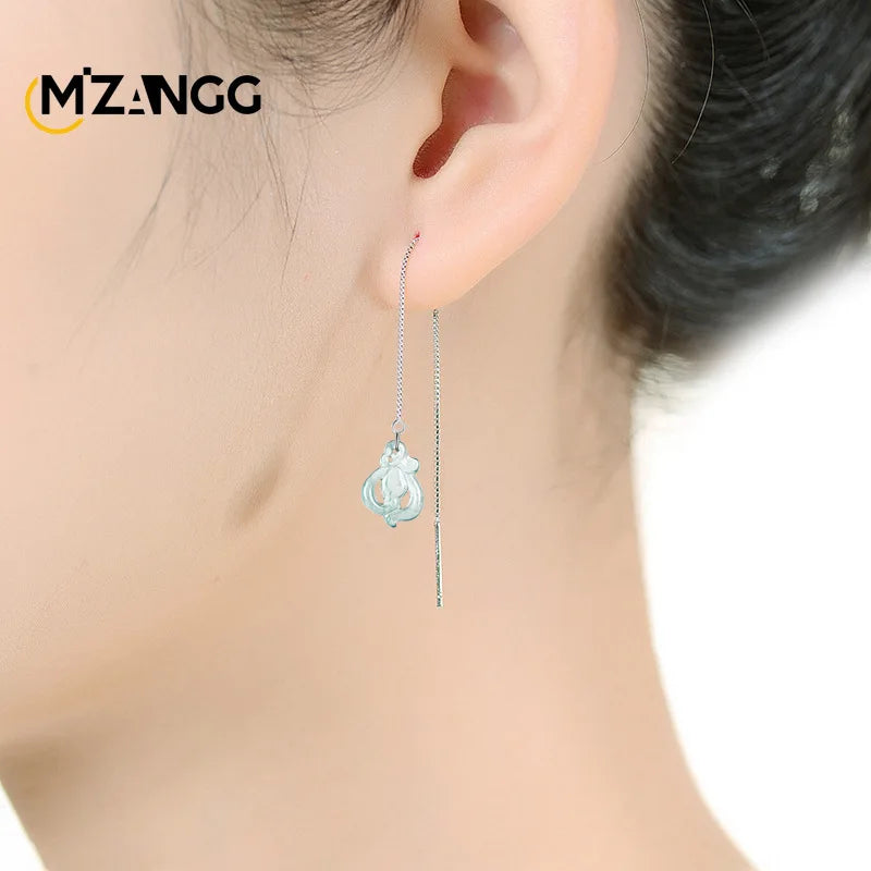 Original Natural Jadeite Blue Water Orchid Ear Line S925 Silver Ice Jade Personality Exquisite Fashion Women's Jewelry Gift