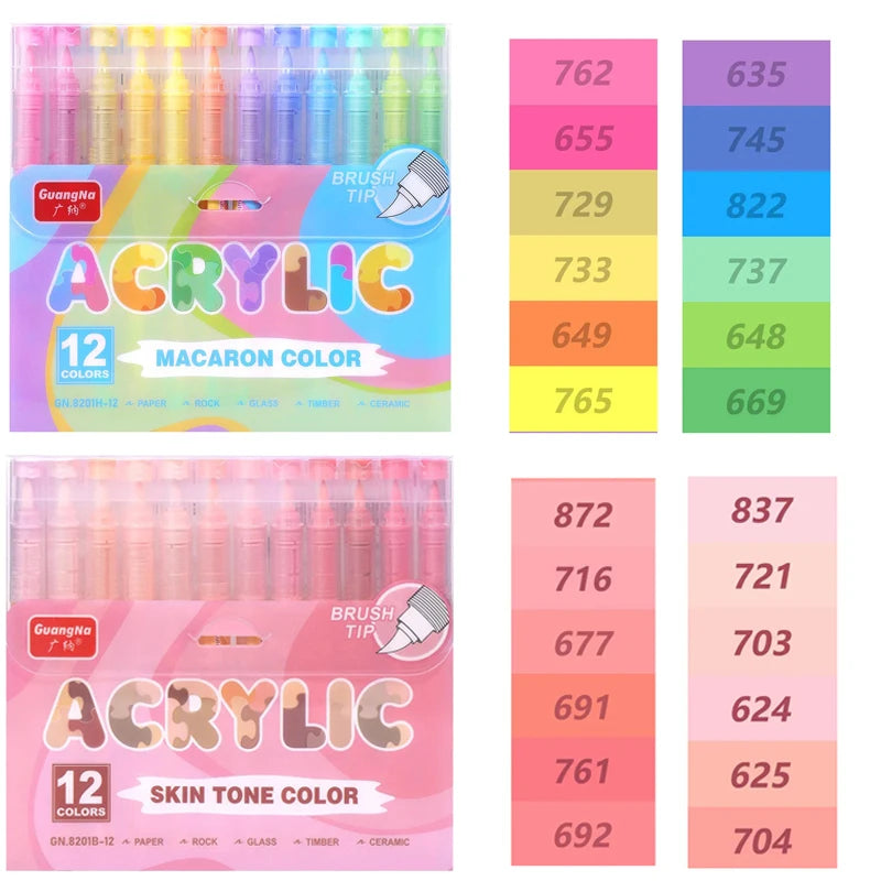 GuangNa 12/24/72 Colors Soft Brush Acrylic Marker Pen Set,Skin Tone, Macaron Color,DIY Hand Drawn,Paint Art Markers Pens Drawing