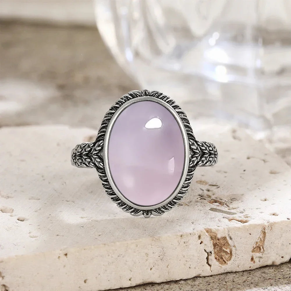 S925 Sterling SilverRing for Women Oval Round Natural Rose Quartz Ring Gift Sun Shaped Retro Luxury Fashion Fine Jewelry