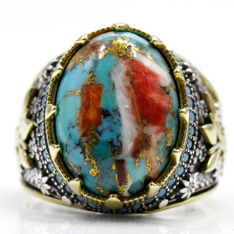 S925 Silver Natural Oyster Turquoise Hip Hop Türkiye Handmade Men's Ring Women's Luxury Jewelry Party Couple's Birthday Gift