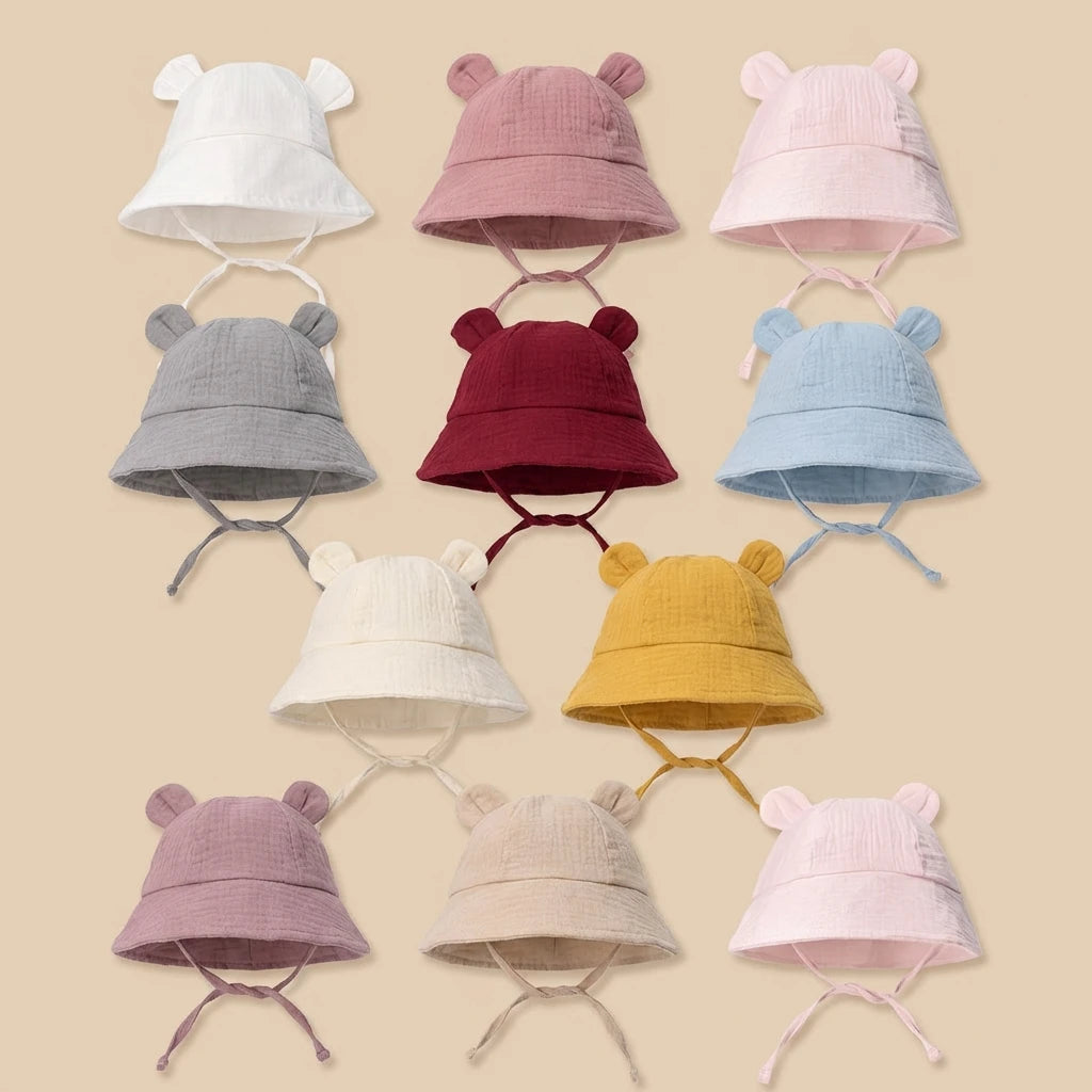 INS Summer Baby Solid Color Gauze Basin Hat New Rabbit Ear Fisherman Hat for Kids Sun Hat