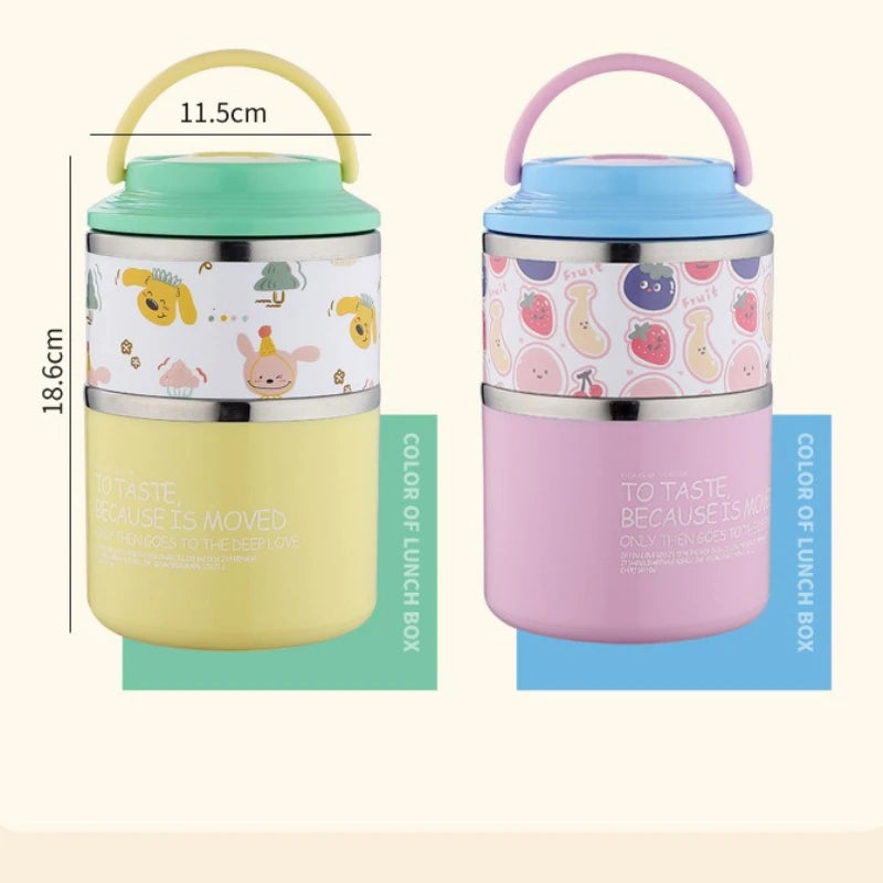 Thermos Bento Box Cartoon Pattern Double Layer Stainless Steel Lunch Box Office Workers Students Portable Thermos Food Container