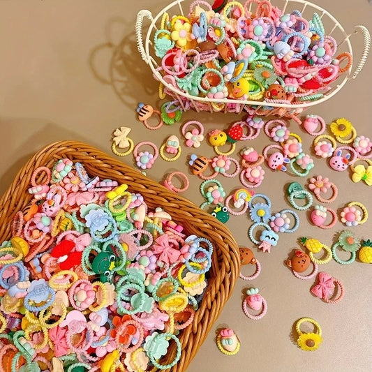30pcs Girls High Elastic Hair Bands Non-Hurting Cartoon Animal Flower Fruit Decorative Hair Bands for Kids