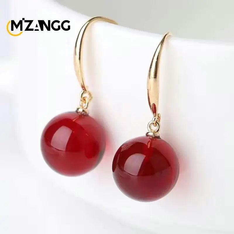 Natural Chicken Oil Yellow Beeswax Round Bead Earrings New S925 Silver Red Amber Eardrops Luxury Classic Women's Jewelry Mascots
