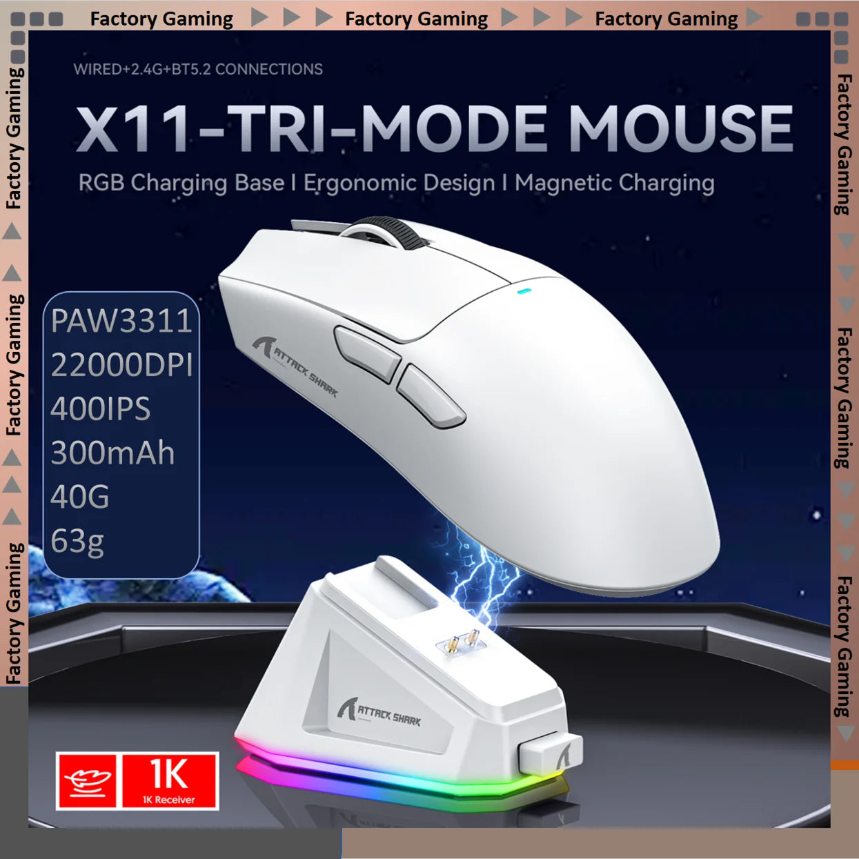 ATTACK SHARK X11 PAW3311 optical sensor,maximum resolution of 22K DPI acceleration up to 40G,edge in competitive gaming