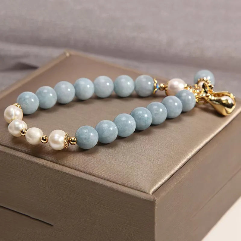 Aquamarine Fu Dai Pearl Bracelet - Chinese Lucky Symbol Jewelry