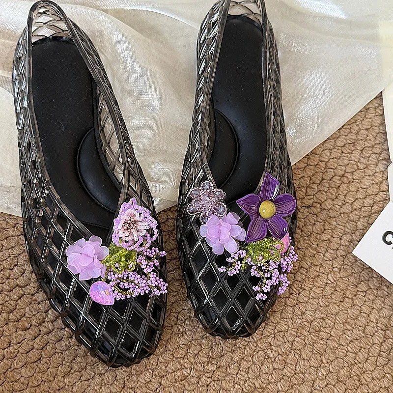 Women's Colorful Hollow Grid Flat Sandals Summer Ladies Flat Jelly Shoe DIY Non-slip Vacation Beach Shoes with Shoes Accessories