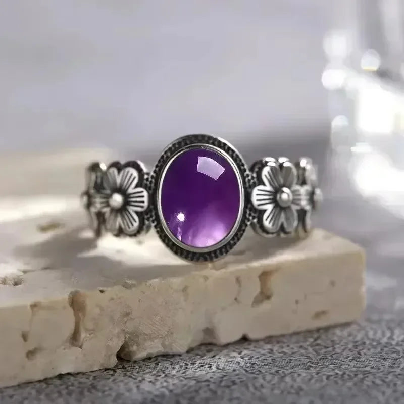 Vintage S925 Sterling Silver Rose Flower Ring With Oval 8*10mm Natural Moonstone Sweet Ring Fine Jewelry For Woman