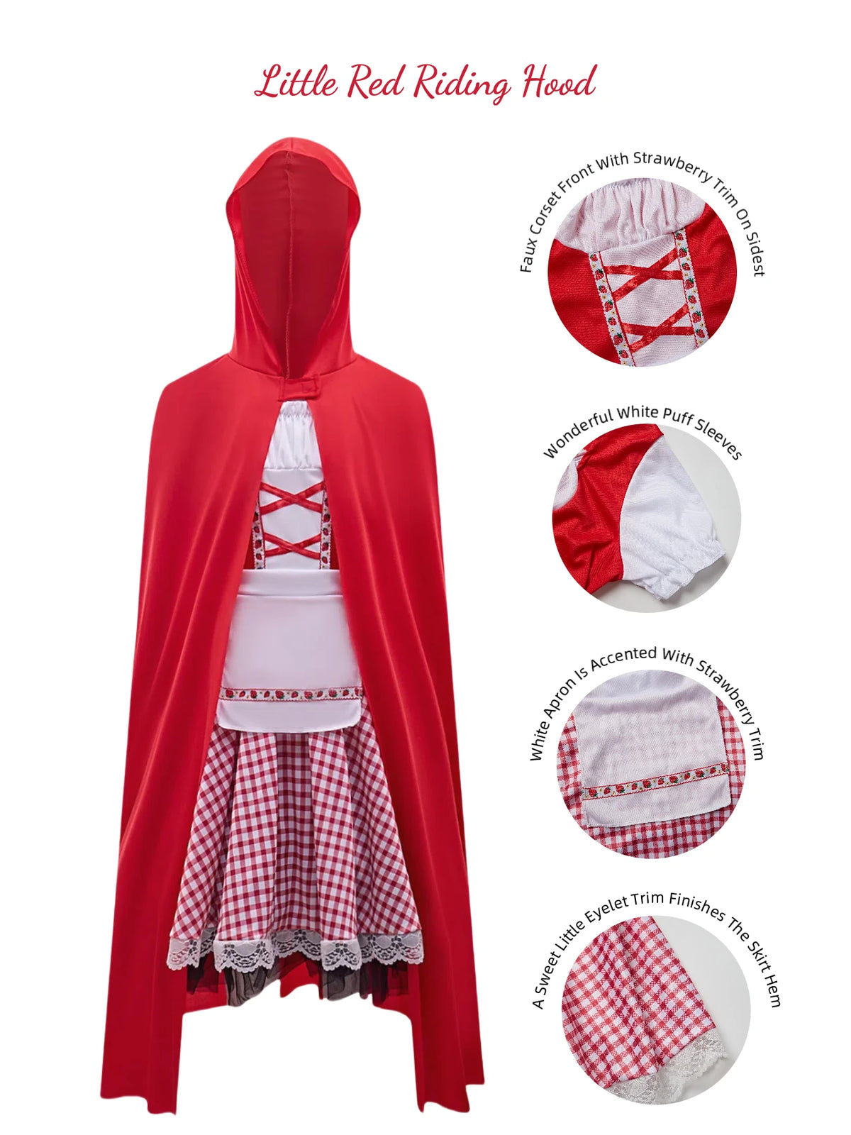 Kids Little Red Riding Hood Costume Girls Halloween Cosplay Outfit Red Hooded Cloak Plaid Lace Strawberry Dress Fairy Tale Fancy