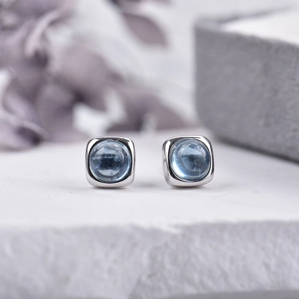 ITSMOS Small Genuine Blue Aquamarine Studs Earrings Natural Gemstone Crystal Delicate Simple Jewelry Women Classic Gift