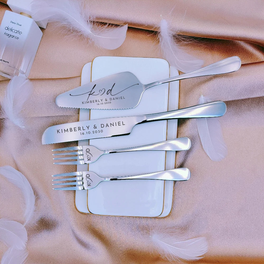 Wedding Cake Cutting Set Personalized Bride And Groom Gift Custom Fork Stainless Steel Gift Box Anniversary Engagement Decor