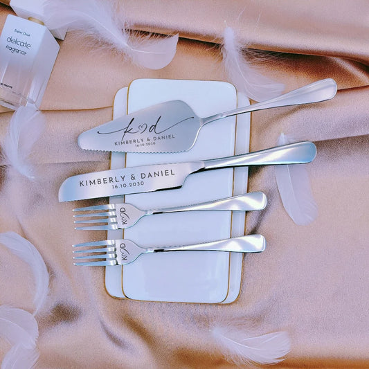 Wedding Cake Cutting Set Personalized Bride And Groom Gift Custom Fork Stainless Steel Gift Box Anniversary Engagement Decor
