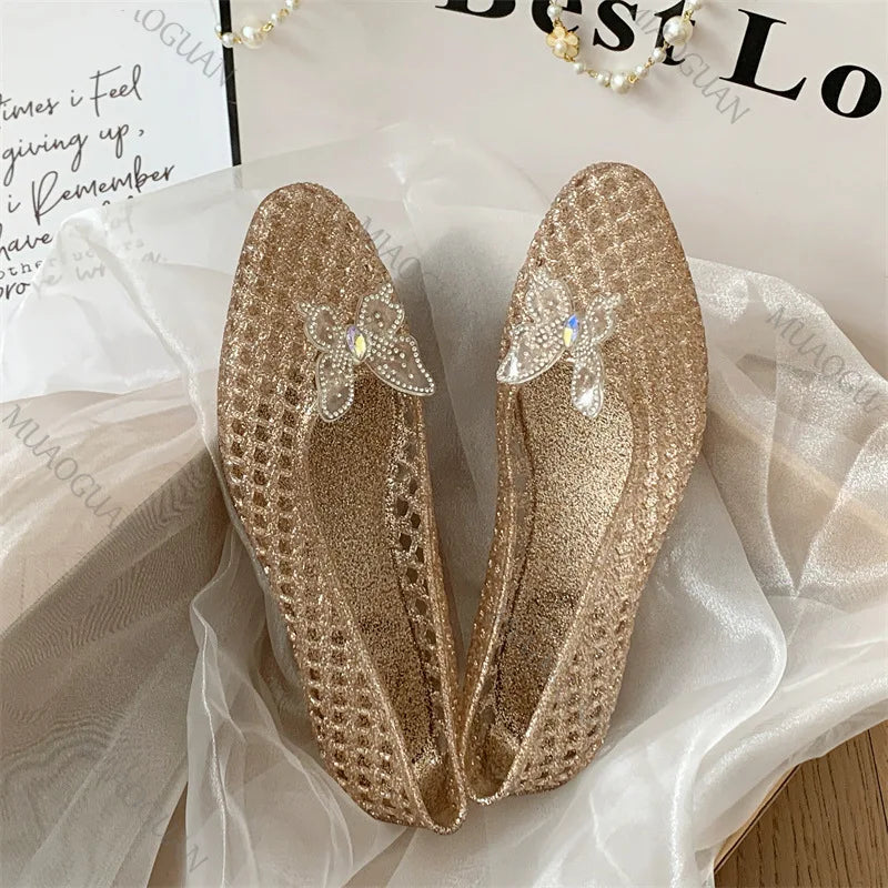 Fashion Crystal Butterfly Jelly Sandals Clear Sequin Outdoor Beach Flat Shoes Causal Comfort Vacation Mesh Breathable Footwears