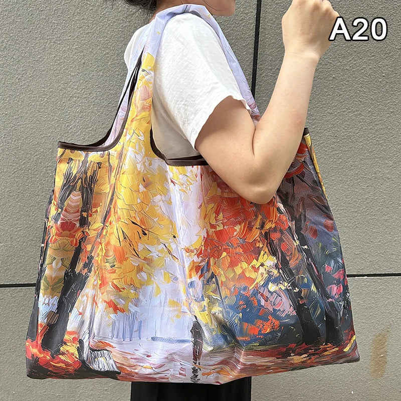 New Fashion Bag Foldable Shopping Bag Reusable Grocery Storage Bag Nylon Portable Shoulder Handbag Travel Tote Bag