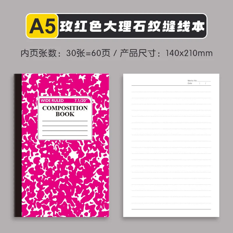 4pcs American Style Marble Composition Notebook Wide Ruled 60 Pages Student School Journal Sewn Bound Writing Diary Supply