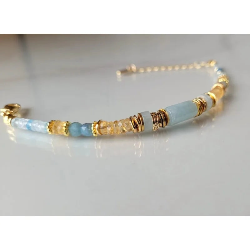 Citrine Aquamarine Bracelet For Women Adjustable Natural Stone Bracelet Cleor Mother-of-Pearl Handcrafted Jewelry