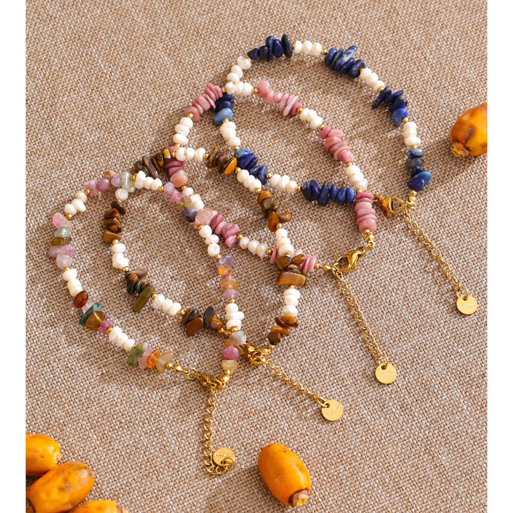 Yhpup Natural Stone Freshwater Pearl Beads Chain Handmade Bracelet Bangle Waterproof Stainless Steel Basic Wrist Summer Jewelry