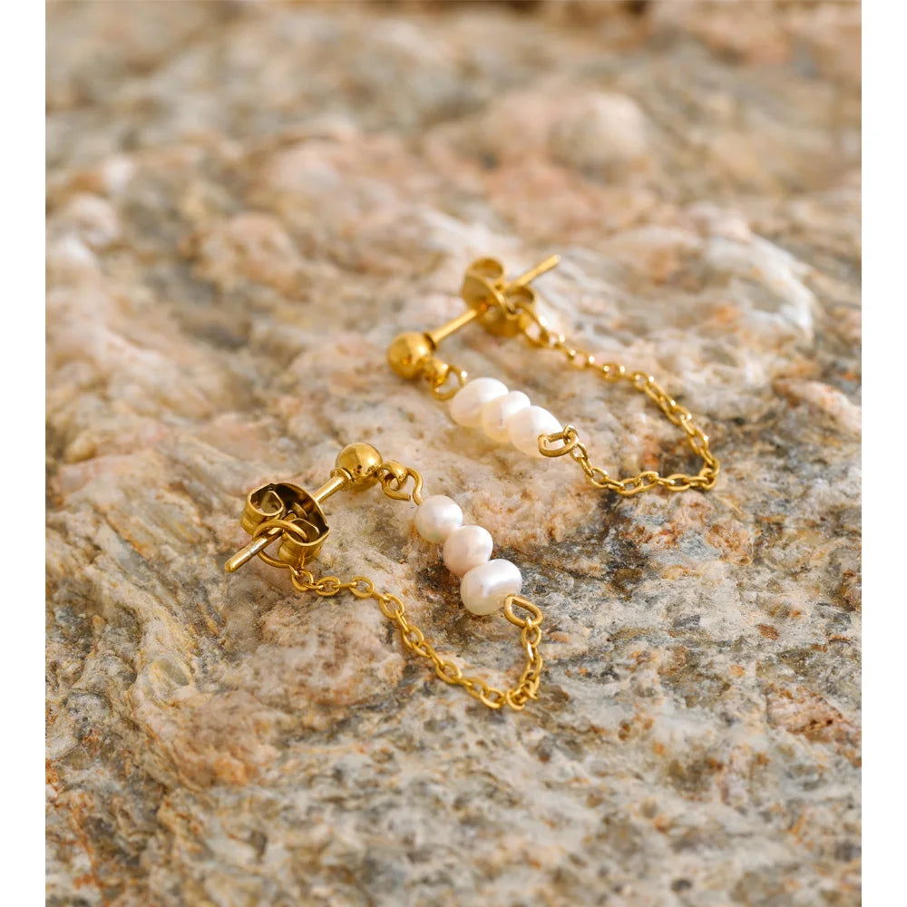 Yhpup 2025 Stainless Steel Natural Pearls Chain Tassel Drop Dangle Earrings for Women Popular Fashion Daily Korean Jewelry